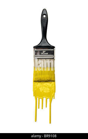 Paintbrush with dripping yellow paint isolated over white background Stock Photo