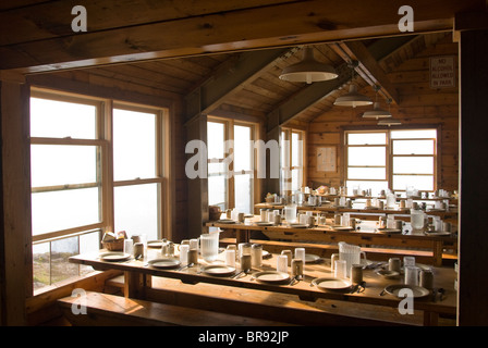 The mess hall in Lakes of the Clouds Hut on the Appalachian Trail. Presidential Range Mt. Washington New Hampshire. Stock Photo