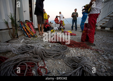 The workers preparing their gear before leaving after a day of work on the bridge near Patras Greece. Stock Photo