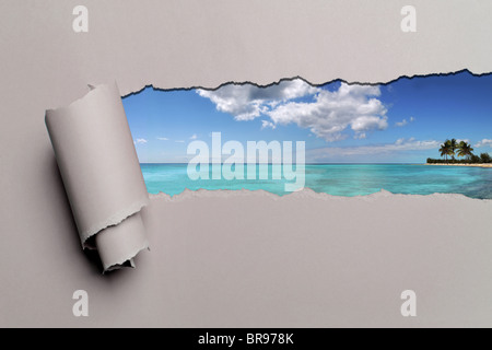 Torn paper with Caribbean island in opening background Stock Photo