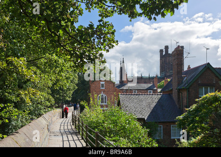 The city walls with the cathedral in the distance, Chester, Cheshire, England, UK Stock Photo