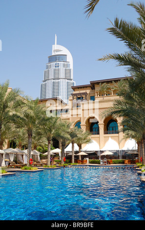 Luxury hotel swimming pool in Dubai downtown, UAE Stock Photo