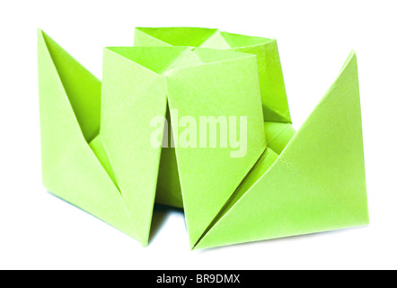 origami figure of green double-pipe steamboat (isolated on white) Stock Photo