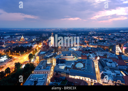 Panoramic city view at dusk, Neuer Rathausturm, New Town Hall Tower, Leipzig, Saxony, Germany, Europe Stock Photo