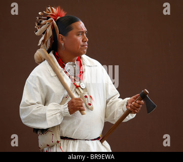 Portrait of a Cherokee man, member of the Warriors of AniKituhwa group, taking part in the annual Southeast Tribes Festival. Stock Photo