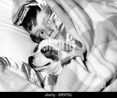 1950s BOY HIDING UNDER BLANKET IN BED WITH DOG Stock Photo