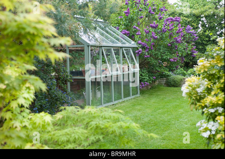 Greenhouse in back garden with open windows for ventilation Stock Photo