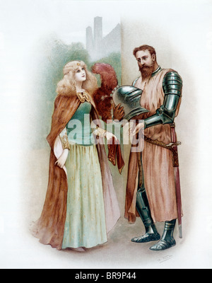 COLOR ILLUSTRATION OF MEDIEVAL KNIGHT LANCELOT AND LADY ELAINE Stock Photo