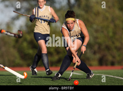 A Juniata College player passes the ball against Catholic University during the Landmark Conference field hockey championship. Stock Photo