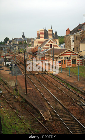 View of Gare de Vitre (railway station) from bridge at Rue du 70eme regiment d'infanterie, Vitre, Ille et Vilaine, Brittany, France Stock Photo