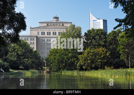 Opera House, City skyscraper, MDR, Schwanenteich Pond, Leipzig, Saxony, Germany, Europe Stock Photo