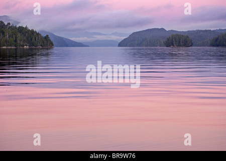 Canada, British Columbia, Calvert Island. Mist and fog shroud water and ...