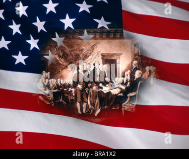 AMERICAN FLAG WITH VIGNETTE OF SIGNING DECLARATION INDEPENDENCE Stock Photo