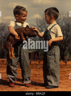 TWO SMALL BOYS WITH PIGLET Stock Photo