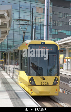 Metrolink tram at Media City UK tram stop Salford Quays,Salford,Greater Manchester.Operational from September 2010. Stock Photo