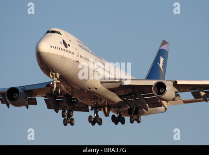 Close up view of a Hellenic Imperial Airways Boeing 747 jumbo jet on arrival Stock Photo