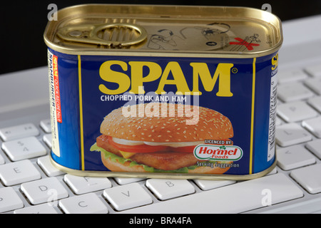 tin of spam tinned pork and ham processed meat sitting on a laptop computer keyboard Stock Photo