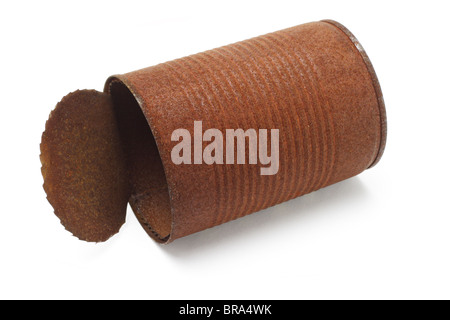 Old rusty tin can lying on white background Stock Photo