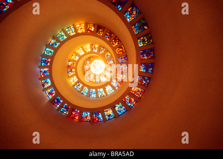 STAINED GLASS SPIRAL CEILING IN CHAPEL OF THANKSGIVING SQUARE DALLAS TX Stock Photo