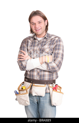 one twenties young man working construction labor with tools over white Stock Photo