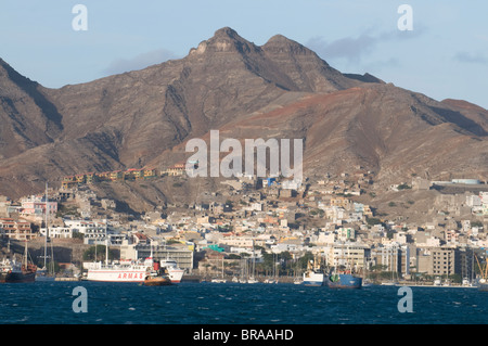 View over fishing port and city, San Vincente, Mindelo, Cape Verde Islands, Atlantic, Africa Stock Photo