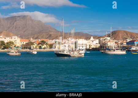 View of fishing port and city, San Vincente, Mindelo, Cape Verde Islands, Atlantic, Africa Stock Photo