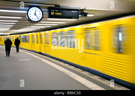 Moving train pulling into modern subway station, Berlin, Germany, Europe Stock Photo