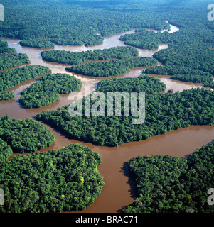 Aerial image of the Lower Mazaruni River with islands of tropical rain forest, Hororabo, near Bartica, Guyana, South America Stock Photo