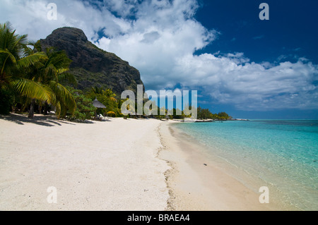 Beach of the Beachcomber Le Paradis Hotel with Mont Brabant in the background, Mauritius, Indian Ocean, Africa Stock Photo