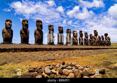 Moai Statues at Ahu Nau Nau Platform in Easter Island during Tapati Festival Rapa Nui  Stock Photo