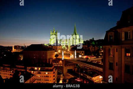 The Cathedral in Lausanne, Switzerland, at night Stock Photo