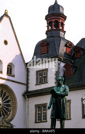 Germany Koblenz Old Town Center With Buildings Cafes And Statue Of germany-koblenz-old-town-center-with-buildings-cafes-and-statue-of