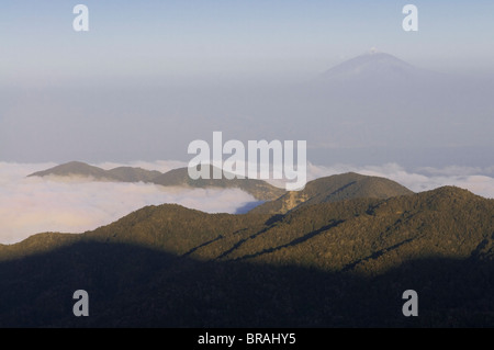 View over Garajonay National Park, UNESCO, with the volcano of El Teide in the distance, La Gomera, Canary Islands, Spain Stock Photo