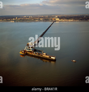 Aerial image of Southend Pier, the longest pleasure pier in the world, and estuary of the River Thames, Southend-on-Sea, Essex Stock Photo