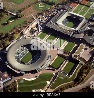 Aerial image of Centre Court and Number 1 Court, All-England Club (All England Lawn Tennis and Croquet Club), Wimbledon, London Stock Photo