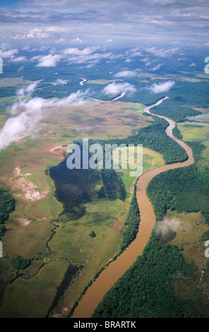 Aerial image of Yuruani River near Masu-paru-mota, Canaima National Park, UNESCO, La Gran Sabana, Bolivar State, Venezuela Stock Photo