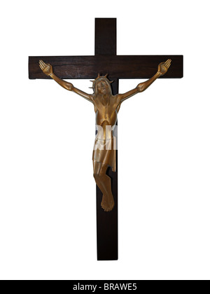 Brass Crucifix on Wooden Cross isolated with clipping path Stock Photo