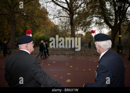 Two male war veterans stand and contemplate the Remembrance Day Parade in Horse Guards, London. Stock Photo
