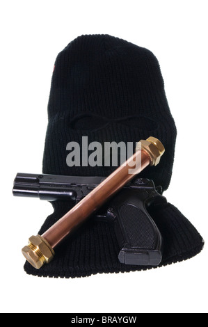 Pipebomb, handgun and balaclava Stock Photo