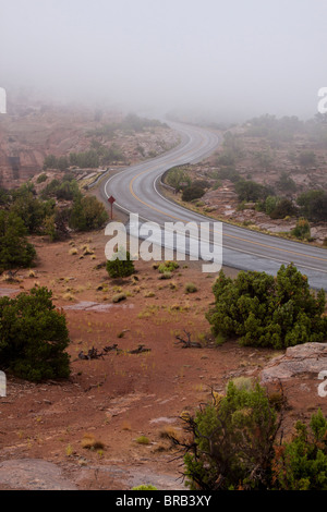 Winding road emerging from the mist at the Shafer Canyon Overlook in Canyonlands National Park in Utah, USA Stock Photo