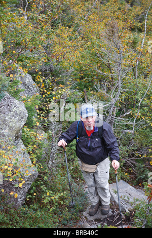 Hiker ascending King Ravine Trail. Located in King Ravine in the White Mountains, New Hampshire USA Stock Photo