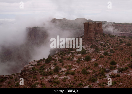 Mist emerging between the mesas and buttes in the vast Candlestick Tower area of Canyonlands National Park in Utah, USA Stock Photo