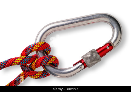 Mountaineering: clove hitch on locking or safety aluminium carabiner with clipping path Stock Photo