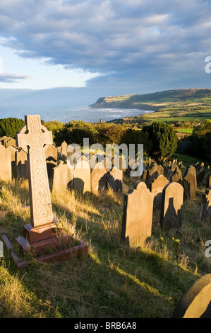 Old 'St Stephens' church, head stones Robin Hoods Bay North Yorkshire, England, UK. September 2010 Stock Photo