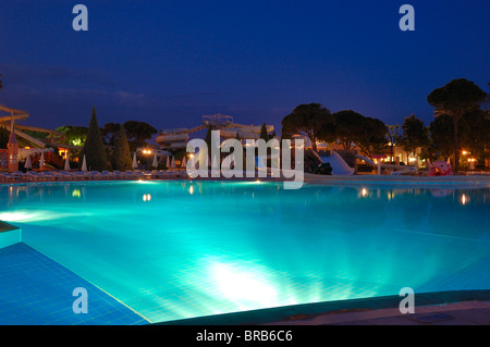 Aquapark in night illumination at popular hotel, Antalya, Turkey Stock Photo