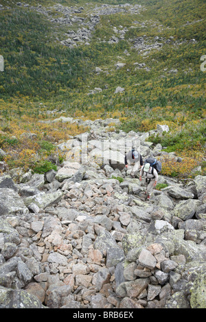 Hikers ascending King Ravine Trail. Located in King Ravine in the White Mountains, New Hampshire USA Stock Photo