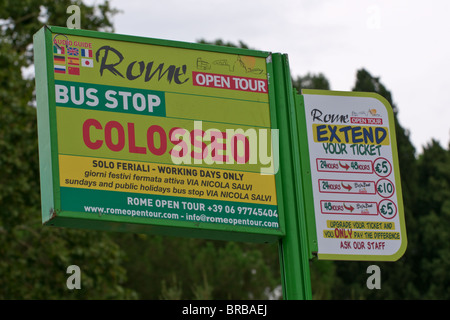 Rome open tour sign, Italian bus stop, coliseum tours. Stock Photo