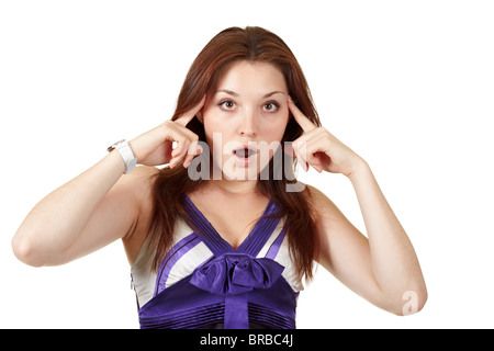 young woman pointing her fingers to the head Stock Photo
