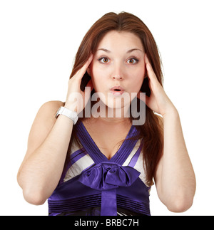 young woman pointing her arms to the head Stock Photo