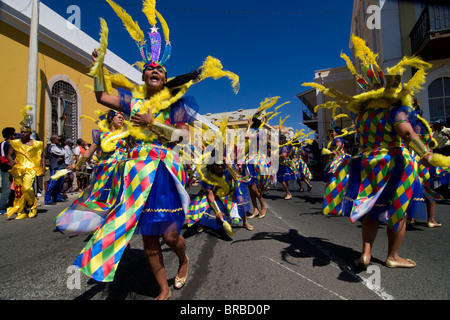 Costumed women dancing, Carnival, Mindelo, Sao Vicente, Cape Verde Stock Photo